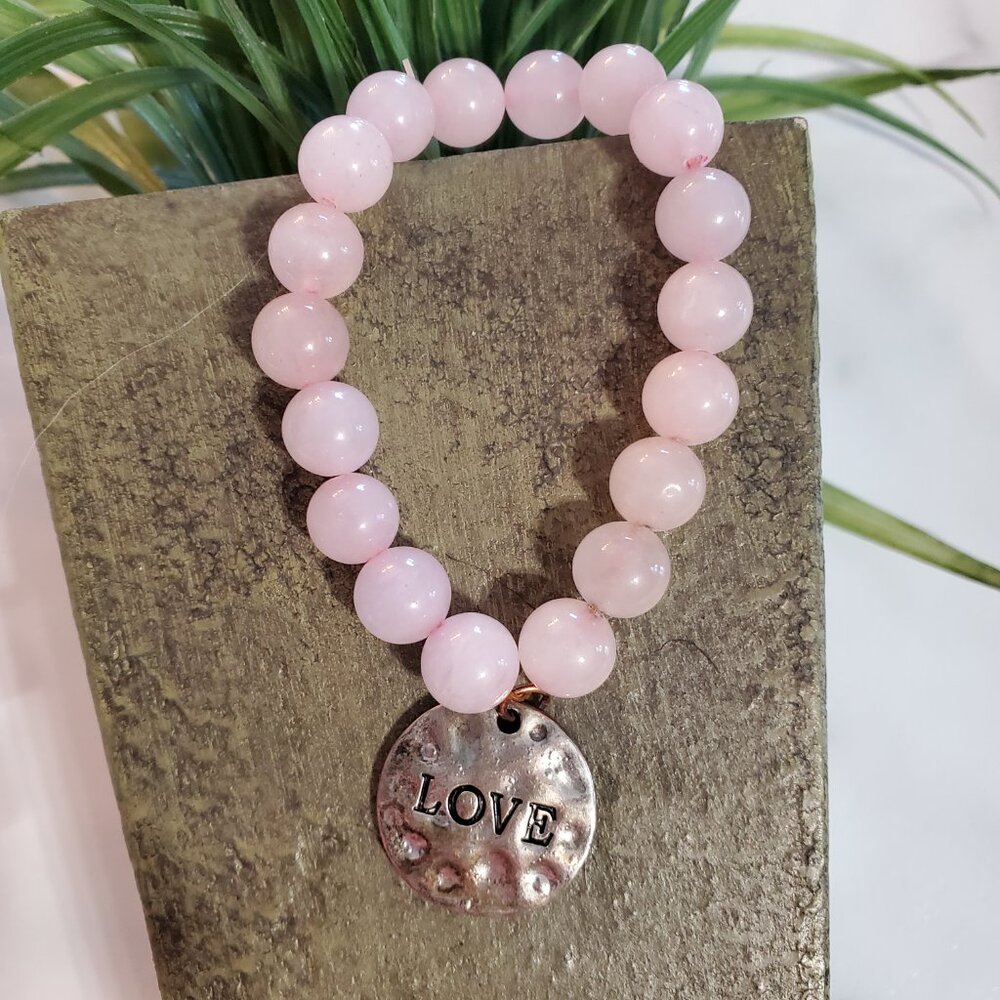 Pink Beads with LOVE Charm Stretch Bracelet